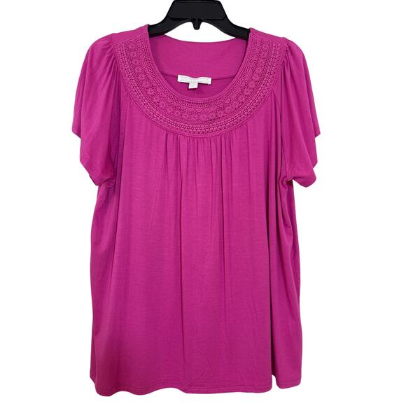 Juniper + Lime PXL "Raspberry Rose" Fuchsia Pink, Short Sleeve Lace Collar Top - Picture 1 of 7